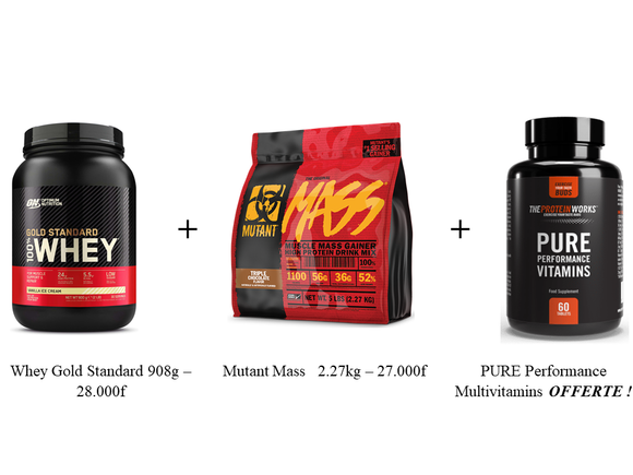 COMBO 2 : Whey Protéine 908g + Mass Gainer 2.27kg + Pure Performance Multivitamins !